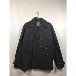 Affliction Black Premium Pea Coat Jacket Mens XL Wool Blend Embroidered Flaw